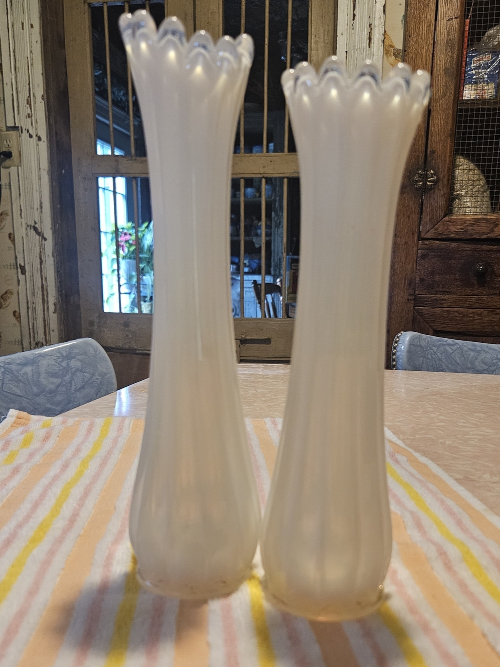 Opalescent White Scalloped Bud Vases — Pair